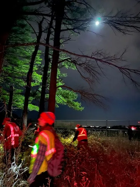 A searcher wearing a helmet and reflective vest stands beneath moonlit trees during night training.