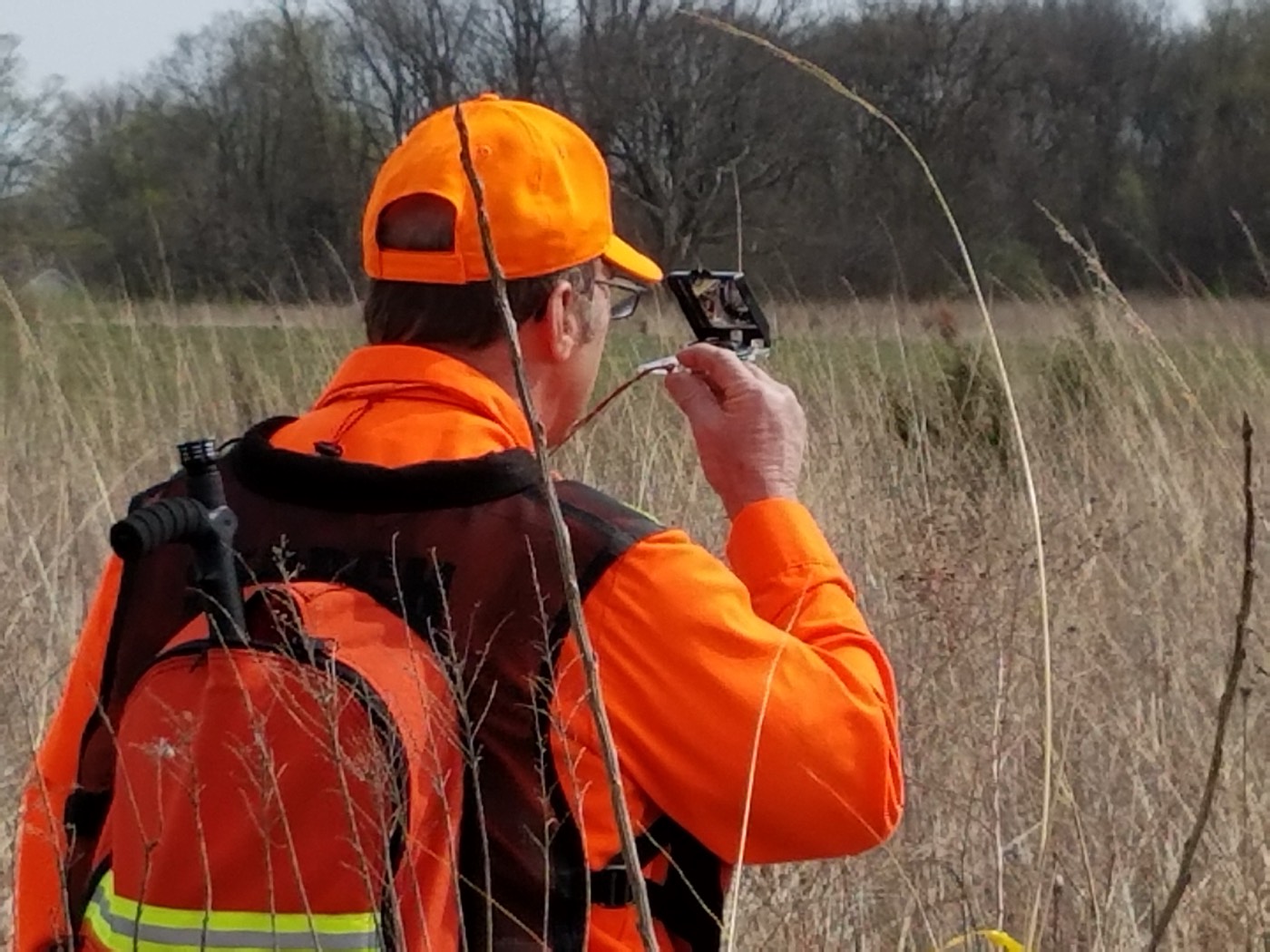 A searcher in a blaze-orange jacket, cap and pack sights a bearing through a handheld compass while standing in tall grass at the edge of a treeline.